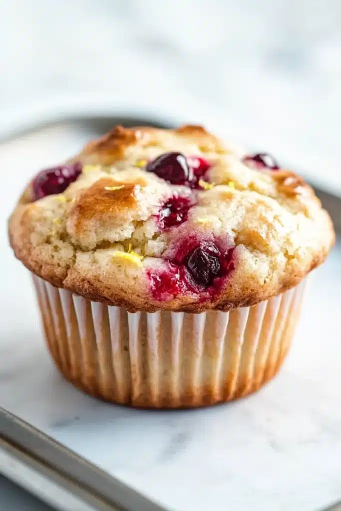 Lemon cherry muffin - the image is of a freshly baked muffin on a white marble countertop. the muffin is golden brown in color and has a crumbly texture. it is topped with fresh cranberries and lemon zest, giving it a sweet and tart flavor. the background is blurred, making the muffin the focal point of the image.