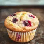 Lemon cherry muffin - the image is of a freshly baked muffin on a wooden surface. the muffin is golden brown in color and has a crumbly texture. it is topped with fresh blueberries and a drizzle of red sauce. the background is blurred, but it appears to be a rustic kitchen countertop. the overall mood of the image is warm and inviting.