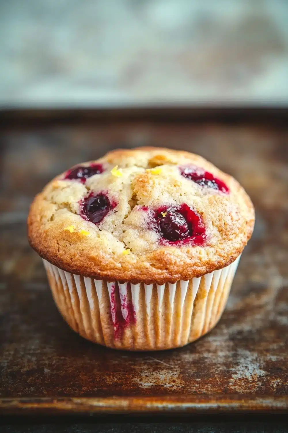 Lemon cherry muffin - the image is of a freshly baked muffin on a wooden surface. the muffin is golden brown in color and has a crumbly texture. it is topped with fresh blueberries and a drizzle of red sauce. the background is blurred, but it appears to be a rustic kitchen countertop. the overall mood of the image is warm and inviting.