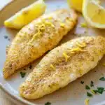 Lemon tilapia air fryer - the image shows two pieces of fish fillets on a white plate. the fillets are golden brown and appear to be seasoned with herbs and spices. there are two lemon wedges on the plate, one on each side of the fillets. the plate is garnished with a sprig of parsley. the background is blurred, but it appears to be a wooden table.
