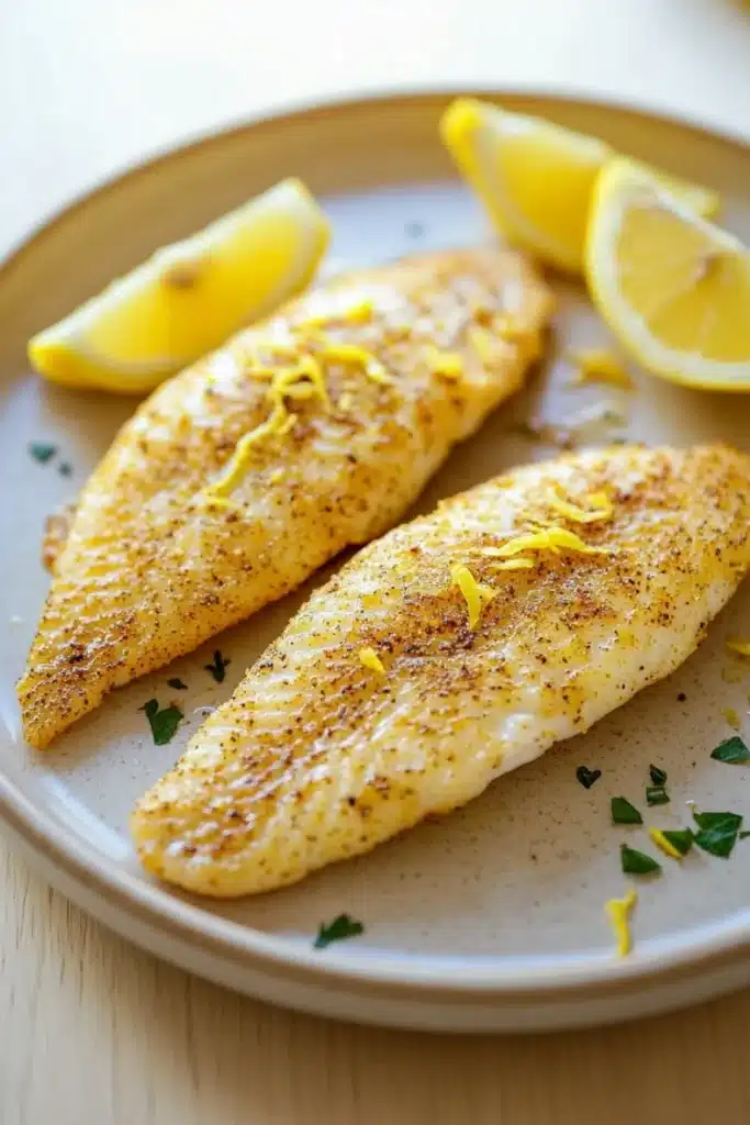 Lemon tilapia air fryer - the image shows two pieces of fish fillets on a white plate. the fillets are golden brown and appear to be seasoned with herbs and spices. there are two lemon wedges on the plate, one on each side of the fillets. the plate is garnished with a sprig of parsley. the background is blurred, but it appears to be a wooden table.