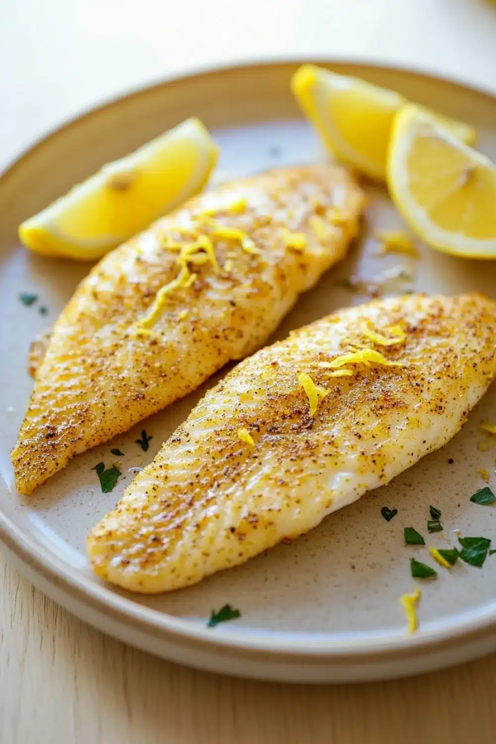 Lemon tilapia air fryer - the image shows two pieces of fish fillets on a white plate. the fillets are golden brown and appear to be seasoned with herbs and spices. there are two lemon wedges on the plate, one on each side of the fillets. the plate is garnished with a sprig of parsley. the background is blurred, but it appears to be a wooden table.
