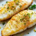 Lemon tilapia air fryer - the image shows two pieces of fish fillets on a white plate. the fillets are golden brown and appear to be seasoned with herbs and spices. the plate is garnished with a sprig of parsley. the background is blurred, but it appears to be a wooden table or countertop.