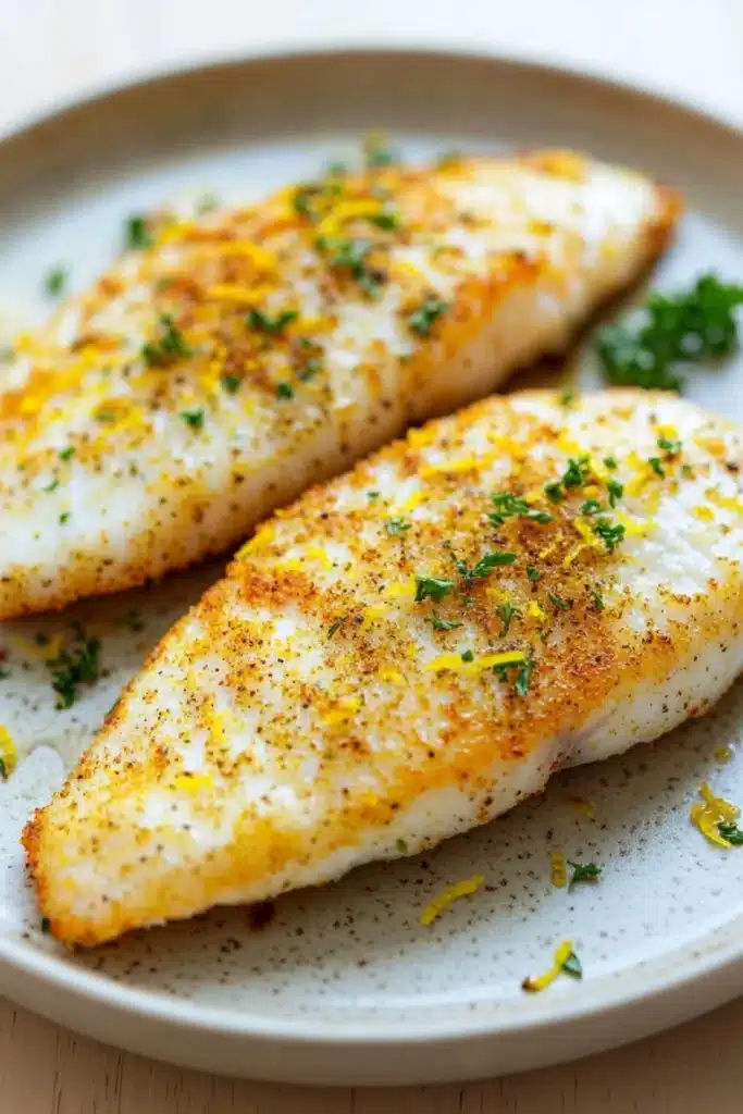 Lemon tilapia air fryer - the image shows two pieces of fish fillets on a white plate. the fillets are golden brown and appear to be seasoned with herbs and spices. the plate is garnished with a sprig of parsley. the background is blurred, but it appears to be a wooden table or countertop.