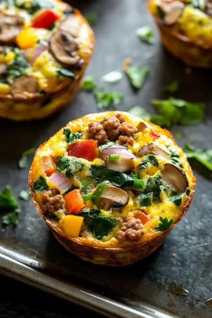 Low cal freezer breakfast - the image shows a close-up of a quiche on a baking tray. the quiche is golden brown and has a flaky crust. it is filled with a mixture of scrambled eggs, sausage, mushrooms, red bell peppers, and green spinach. the sausage is cooked to a medium-rare and appears to be seasoned with herbs and spices. the mushrooms are sliced and arranged in a circular pattern on top of the quiche. the spinach is scattered around the tray, adding a pop of green color to the dish. the tray is lined with a few sprigs of parsley.