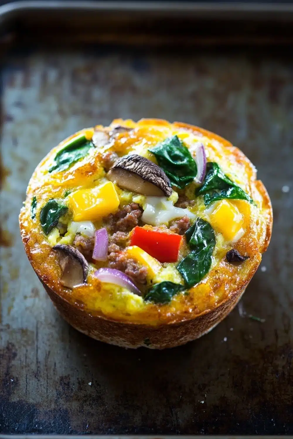 Low cal freezer breakfast - the image shows a small quiche on a baking tray. the quiche is golden brown and has a flaky crust. it is filled with a mixture of scrambled eggs, sausage, red onions, yellow bell peppers, and green spinach leaves. there are also a few mushrooms scattered throughout the mixture. the tray is lined with parchment paper and the background is blurred, making the quiche the focal point of the image.