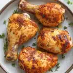 Low calorie chicken leg quarters - the image shows a plate of grilled chicken drumsticks. the drumsticks are golden brown and appear to be seasoned with herbs and spices. they are arranged in a circular pattern on the plate, with some of them overlapping each other. the plate is garnished with a sprig of fresh thyme, adding a pop of green color to the dish. the background is a white marble countertop.