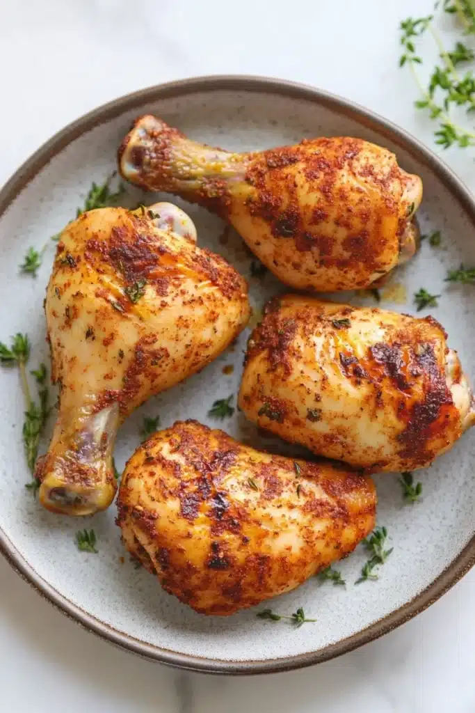 Low calorie chicken leg quarters - the image shows a plate of grilled chicken drumsticks. the drumsticks are golden brown and appear to be seasoned with herbs and spices. they are arranged in a circular pattern on the plate, with some of them overlapping each other. the plate is garnished with a sprig of fresh thyme, adding a pop of green color to the dish. the background is a white marble countertop.
