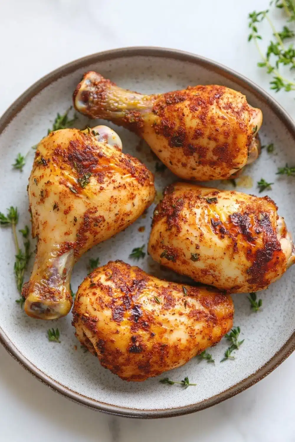 Low calorie chicken leg quarters - the image shows a plate of grilled chicken drumsticks. the drumsticks are golden brown and appear to be seasoned with herbs and spices. they are arranged in a circular pattern on the plate, with some of them overlapping each other. the plate is garnished with a sprig of fresh thyme, adding a pop of green color to the dish. the background is a white marble countertop.