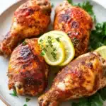 Low calorie chicken leg quarters - the image shows a plate of grilled chicken drumsticks. the drumsticks are golden brown and appear to be seasoned with herbs and spices. they are arranged in a circular pattern on the plate, with two lemon wedges on each side. the plate is garnished with fresh parsley leaves. the background is a white marble countertop.