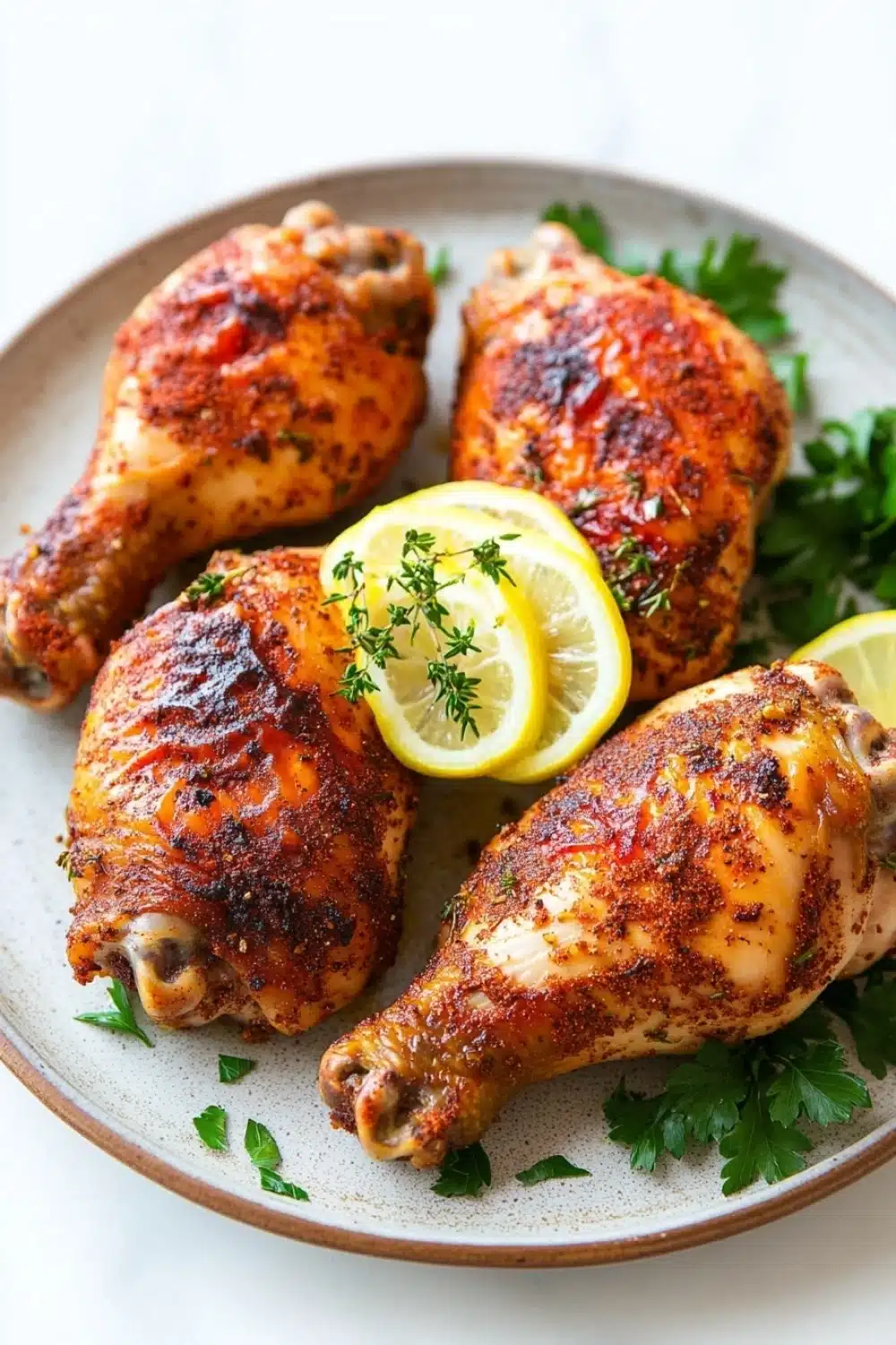 Low calorie chicken leg quarters - the image shows a plate of grilled chicken drumsticks. the drumsticks are golden brown and appear to be seasoned with herbs and spices. they are arranged in a circular pattern on the plate, with two lemon wedges on each side. the plate is garnished with fresh parsley leaves. the background is a white marble countertop.