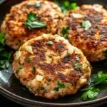 Low calorie chicken patties - the image shows three crab cakes on a black plate. the crab cakes are golden brown and appear to be seasoned with herbs and spices. they are arranged in a circular pattern on the plate, with some overlapping each other. the plate is garnished with a sprig of fresh parsley. the background is blurred, but it appears to be a kitchen countertop.