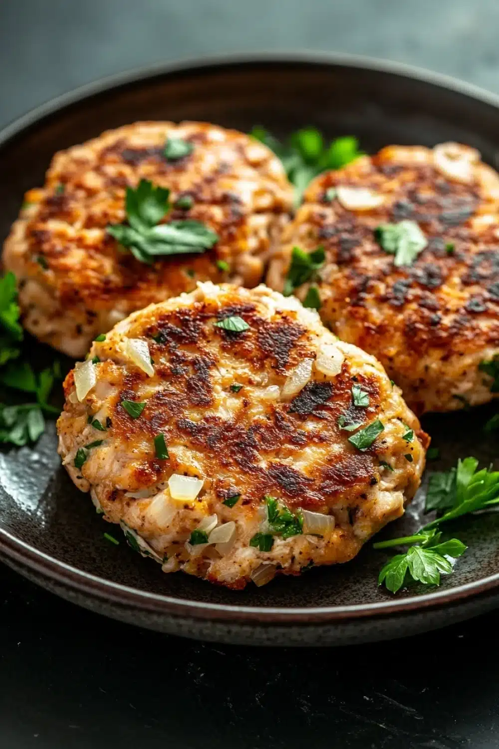 Low calorie chicken patties - the image shows three crab cakes on a black plate. the crab cakes are golden brown and appear to be seasoned with herbs and spices. they are arranged in a circular pattern on the plate, with some overlapping each other. the plate is garnished with a sprig of fresh parsley. the background is blurred, but it appears to be a kitchen countertop.