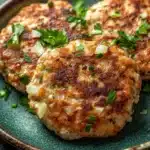Low calorie chicken patties - the image shows three crab cakes on a blue plate. the crab cakes are golden brown and appear to be seasoned with herbs and spices. they are arranged in a circular pattern on the plate, with some overlapping each other. the plate is garnished with a sprig of fresh parsley. the background is a dark grey countertop.