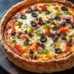 Low carb deep dish pizza quiche - the image is of a quiche on a wooden cutting board. the quiche has a golden brown crust and is topped with melted cheese, black olives, red and green bell peppers, and sliced onions. the cheese is melted and bubbly, and the toppings are arranged in a circular pattern around the edges of the quiche. the background is a dark grey countertop.