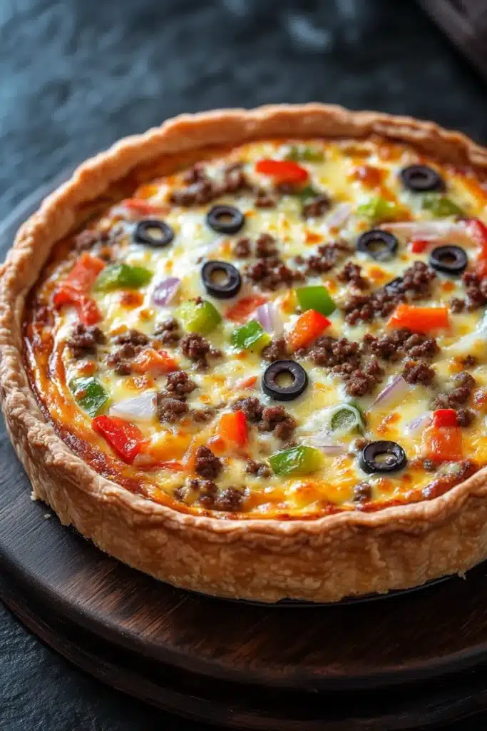 Low carb deep dish pizza quiche - the image is of a quiche on a wooden cutting board. the quiche has a golden brown crust and is topped with melted cheese, black olives, red and green bell peppers, and sliced onions. the cheese is melted and bubbly, and the toppings are arranged in a circular pattern around the edges of the quiche. the background is a dark grey countertop.