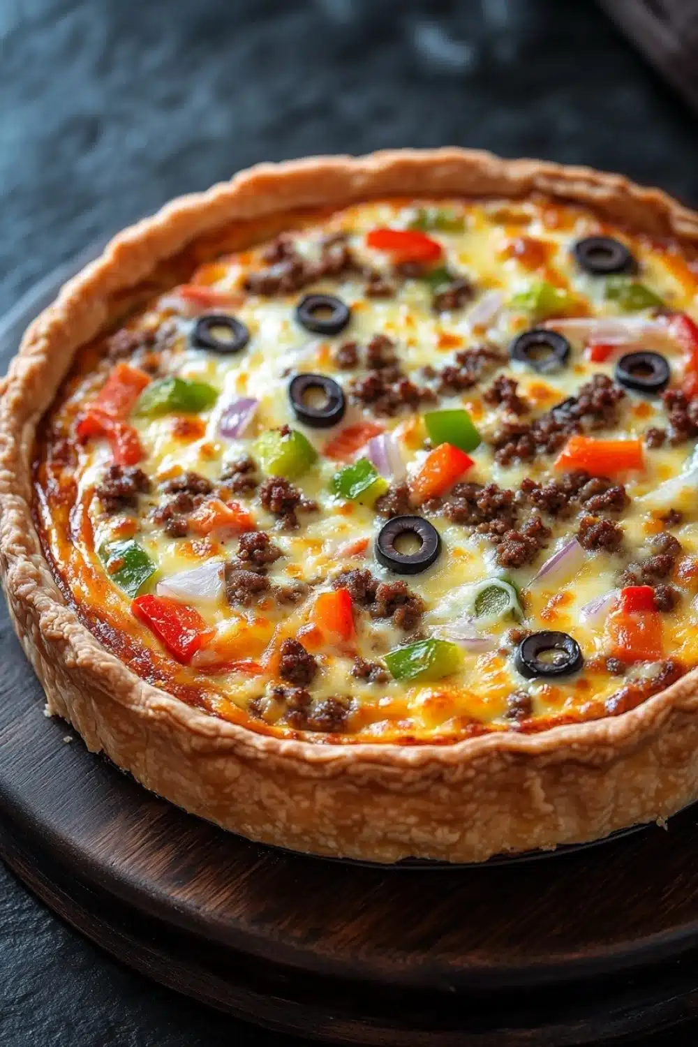 Low carb deep dish pizza quiche - the image is of a quiche on a wooden cutting board. the quiche has a golden brown crust and is topped with melted cheese, black olives, red and green bell peppers, and sliced onions. the cheese is melted and bubbly, and the toppings are arranged in a circular pattern around the edges of the quiche. the background is a dark grey countertop.