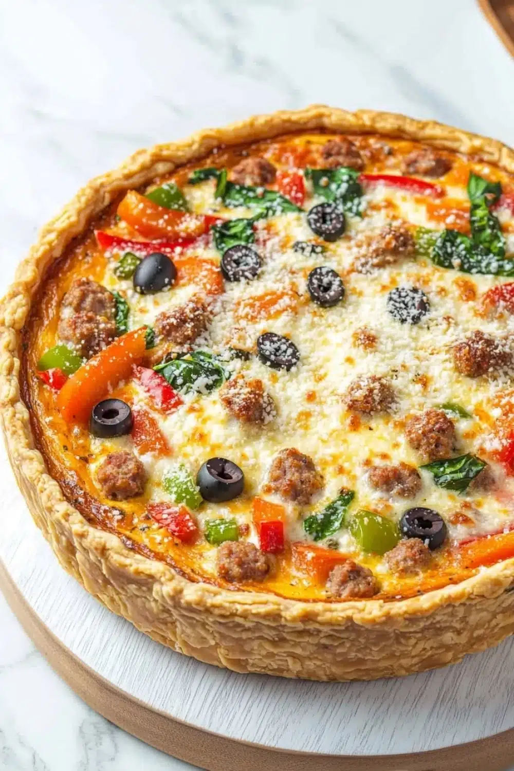 Low carb deep dish pizza quiche - the image is of a freshly baked quiche on a wooden cutting board. the quiche has a golden brown crust and is filled with a variety of ingredients. on top of the quiche, there are sliced red and green bell peppers, black olives, and crumbled cheese. the cheese is melted and bubbly, and there are also some green herbs scattered throughout the dish. the background is a white marble countertop.