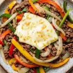 Low carb philly cheese steak skillet with ground beef - the image is a close-up of a plate of food. the plate is round and has a light brown color with a speckled pattern. on top of the plate, there is a fried egg with a runny yolk on top. the egg is cooked to a golden brown color and is surrounded by a bed of mixed vegetables, including red, yellow, green, and orange bell peppers, onions, and ground beef. the vegetables are arranged in a colorful and appetizing manner. the dish appears to be freshly cooked and ready to eat.