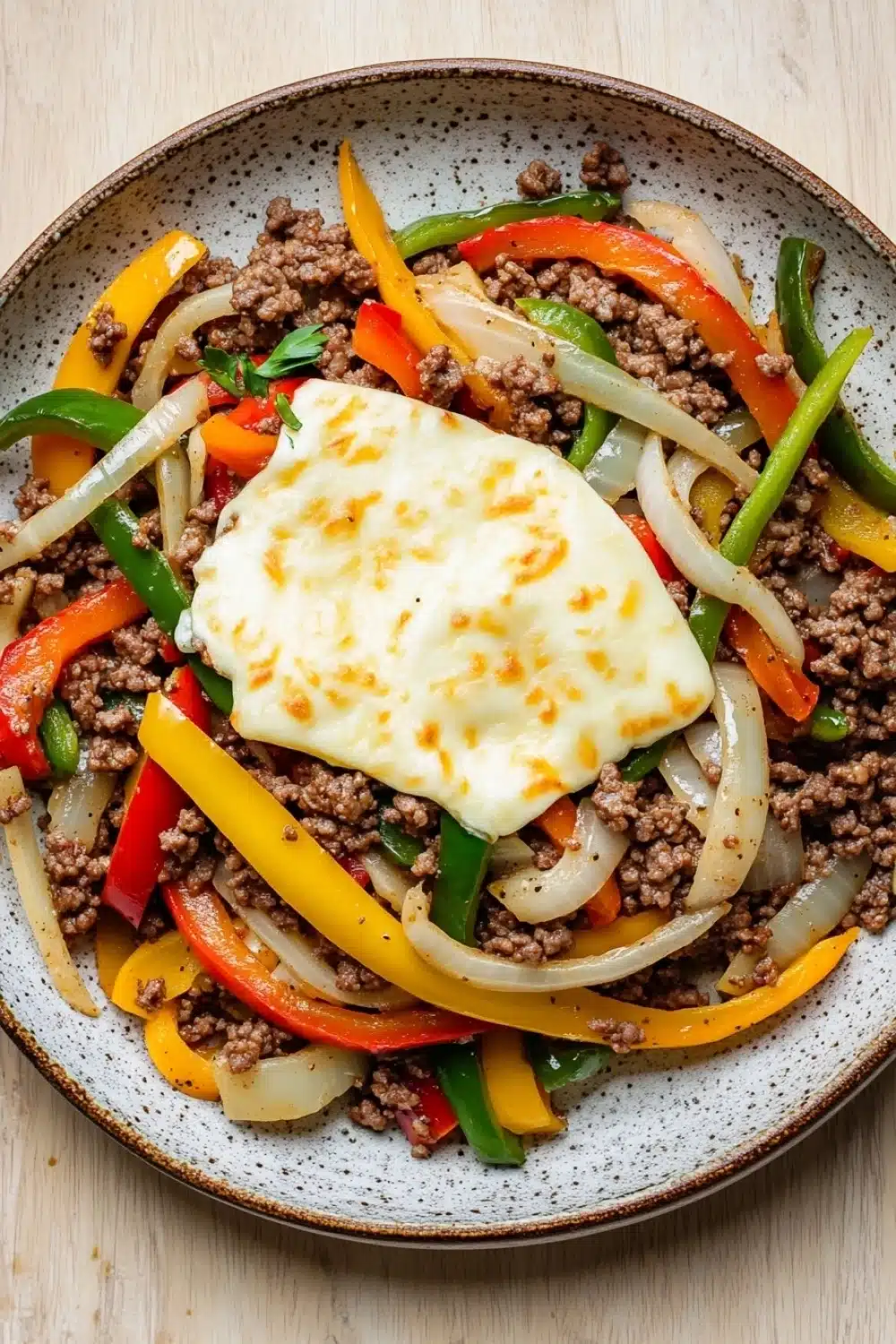 Low carb philly cheese steak skillet with ground beef - the image is a close-up of a plate of food. the plate is round and has a light brown color with a speckled pattern. on top of the plate, there is a fried egg with a runny yolk on top. the egg is cooked to a golden brown color and is surrounded by a bed of mixed vegetables, including red, yellow, green, and orange bell peppers, onions, and ground beef. the vegetables are arranged in a colorful and appetizing manner. the dish appears to be freshly cooked and ready to eat.