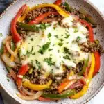 Low carb philly cheese steak skillet with ground beef - the image is a close-up of a dish in a round ceramic bowl. the dish appears to be a stir-fry with a mixture of ground beef, red and yellow bell peppers, onions, and other vegetables. the beef is cooked to a golden brown color and is topped with melted cheese. the peppers are cut into thin strips and are arranged in a circular pattern around the edges of the dish. the cheese is melted and bubbly, and there are a few sprigs of parsley scattered on top. the bowl is sitting on a white marble countertop with a gray cloth napkin on the side.