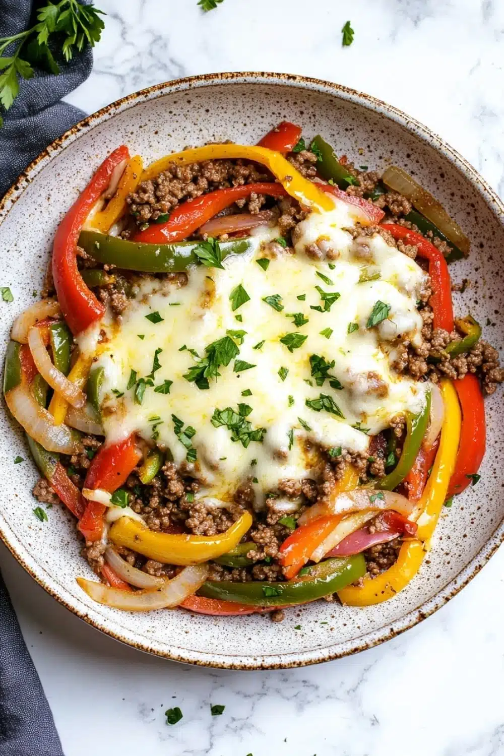 Low carb philly cheese steak skillet with ground beef - the image is a close-up of a dish in a round ceramic bowl. the dish appears to be a stir-fry with a mixture of ground beef, red and yellow bell peppers, onions, and other vegetables. the beef is cooked to a golden brown color and is topped with melted cheese. the peppers are cut into thin strips and are arranged in a circular pattern around the edges of the dish. the cheese is melted and bubbly, and there are a few sprigs of parsley scattered on top. the bowl is sitting on a white marble countertop with a gray cloth napkin on the side.