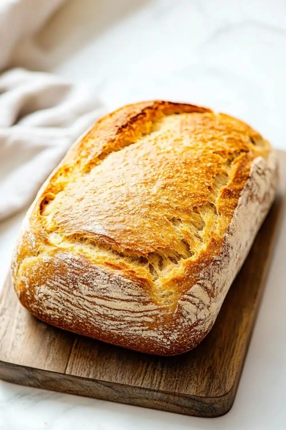 Low carb yeast sandwich bread - the image shows a loaf of bread on a wooden cutting board. the bread appears to be freshly baked and has a golden brown crust on top. the loaf is sitting on a white marble countertop with a white cloth napkin on the side. the background is blurred, making the bread the focal point of the image.