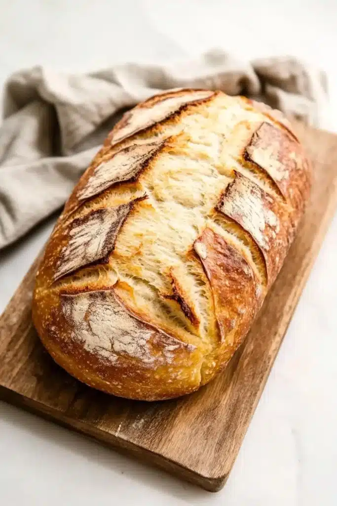 Low carb yeast sandwich bread - the image shows a freshly baked loaf of bread on a wooden cutting board. the bread is golden brown in color and has a criss-cross pattern on the top. it appears to be freshly baked and is sitting on a white marble countertop with a beige cloth napkin next to it. the cutting board is made of light-colored wood and is placed on a flat surface. the background is blurred, so the focus is on the bread.