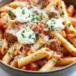 Make ahead italian sausage and pasta bake - the image shows a bowl of penne pasta with tomato sauce and chunks of meatballs. the pasta is cooked al dente and is topped with a dollop of sour cream and sprinkled with chopped parsley. the dish is served in a gray bowl with a white marble countertop. the background is blurred, but it appears to be a kitchen countertop with a few sprigs of parsley scattered around.