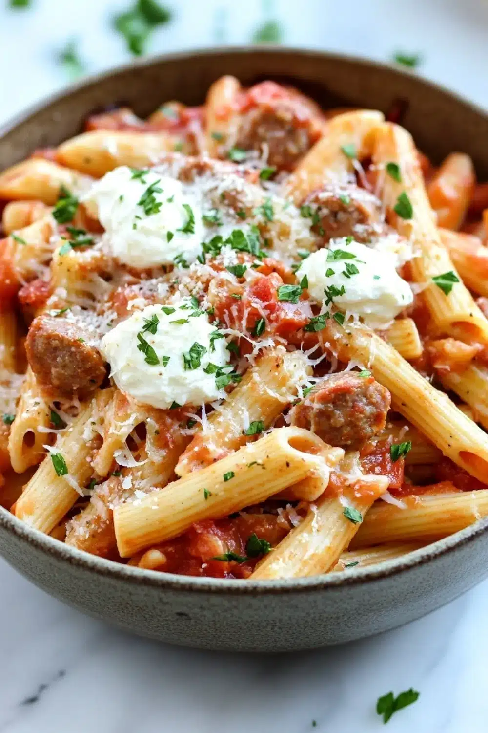 Make ahead italian sausage and pasta bake - the image shows a bowl of penne pasta with tomato sauce and chunks of meatballs. the pasta is cooked al dente and is topped with a dollop of sour cream and sprinkled with chopped parsley. the dish is served in a gray bowl with a white marble countertop. the background is blurred, but it appears to be a kitchen countertop with a few sprigs of parsley scattered around.