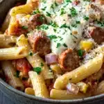 Make ahead italian sausage and pasta bake - the image is a close-up of a bowl of pasta dish. the pasta appears to be penne, which is a type of penne pasta, and it is cooked in a tomato-based sauce. the dish is garnished with chopped parsley and a dollop of parmesan cheese on top. there are also chunks of sausage and red onions scattered throughout the dish, adding a pop of color and texture. the bowl is made of dark-colored ceramic and is sitting on a wooden table.