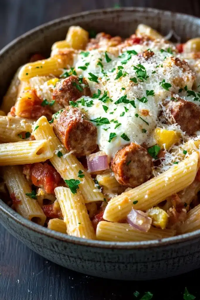 Make ahead italian sausage and pasta bake - the image is a close-up of a bowl of pasta dish. the pasta appears to be penne, which is a type of penne pasta, and it is cooked in a tomato-based sauce. the dish is garnished with chopped parsley and a dollop of parmesan cheese on top. there are also chunks of sausage and red onions scattered throughout the dish, adding a pop of color and texture. the bowl is made of dark-colored ceramic and is sitting on a wooden table.