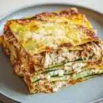 Make ahead keto chicken lasagna - the image shows a slice of lasagna on a gray plate. the lasagna is layered with layers of zucchini noodles, chicken, and cheese. the top layer is golden brown and appears to be freshly baked. the cheese is melted and bubbly, and the layers are arranged in a neat and orderly manner. the plate is sitting on a wooden table, and there is a blurred background.