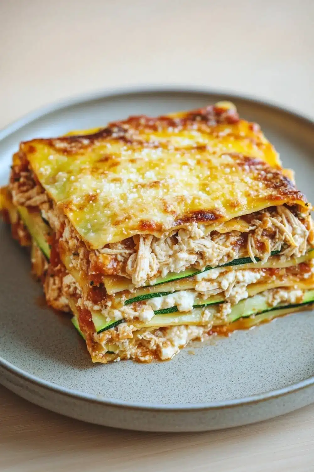 Make ahead keto chicken lasagna - the image shows a slice of lasagna on a gray plate. the lasagna is layered with layers of zucchini noodles, chicken, and cheese. the top layer is golden brown and appears to be freshly baked. the cheese is melted and bubbly, and the layers are arranged in a neat and orderly manner. the plate is sitting on a wooden table, and there is a blurred background.