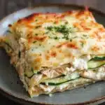 Make ahead keto chicken lasagna - the image shows a slice of lasagna on a gray plate. the lasagna has a golden brown crust and is topped with melted cheese and fresh herbs. the cheese is melted and bubbly, and the herbs are scattered on top. the dish appears to be freshly baked and ready to eat. the plate is sitting on a wooden table with a rustic background.