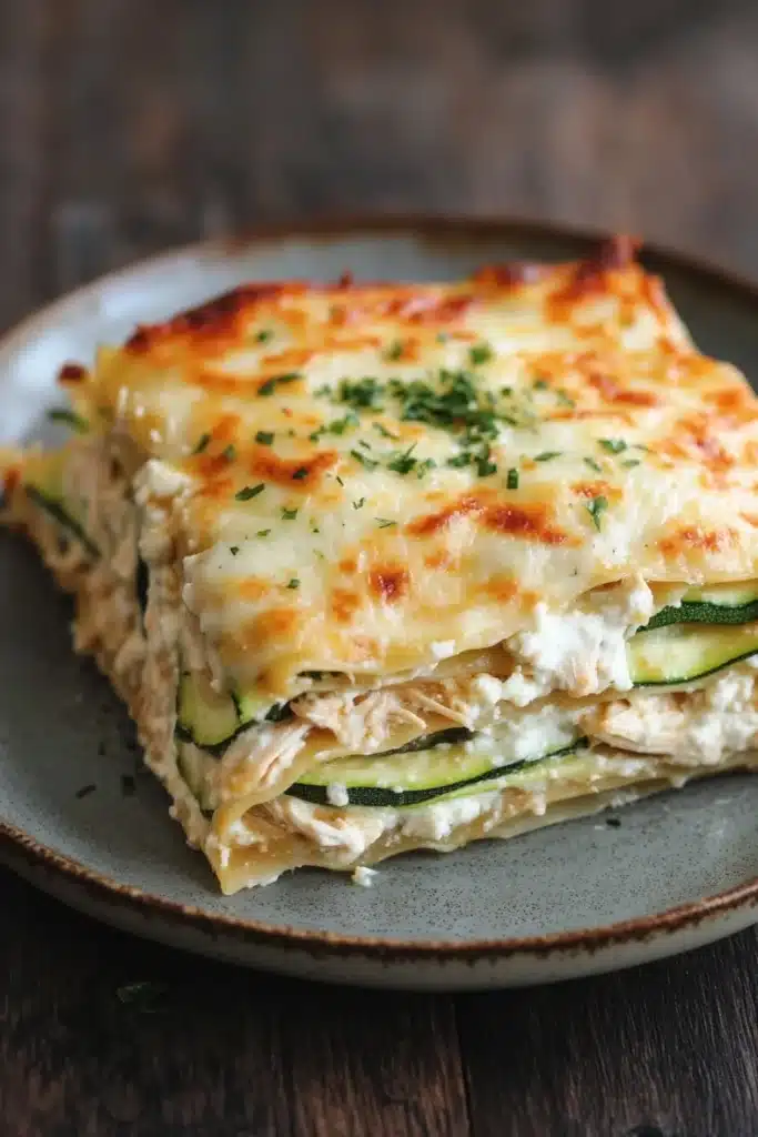 Make ahead keto chicken lasagna - the image shows a slice of lasagna on a gray plate. the lasagna has a golden brown crust and is topped with melted cheese and fresh herbs. the cheese is melted and bubbly, and the herbs are scattered on top. the dish appears to be freshly baked and ready to eat. the plate is sitting on a wooden table with a rustic background.
