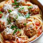 Make ahead pasta and meatballs - the image shows a bowl of spaghetti and meatballs. the spaghetti is cooked al dente and is covered in a tomato sauce. the meatballs are golden brown and appear to be seasoned with herbs and grated cheese. the dish is garnished with fresh parsley. the bowl is made of ceramic and is sitting on a wooden table.