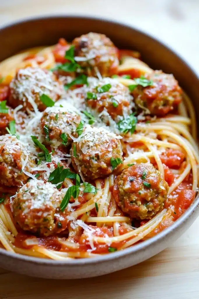 Make ahead pasta and meatballs - the image shows a bowl of spaghetti and meatballs. the spaghetti is cooked al dente and is covered in a tomato sauce. the meatballs are golden brown and appear to be seasoned with herbs and grated cheese. the dish is garnished with fresh parsley. the bowl is made of ceramic and is sitting on a wooden table.