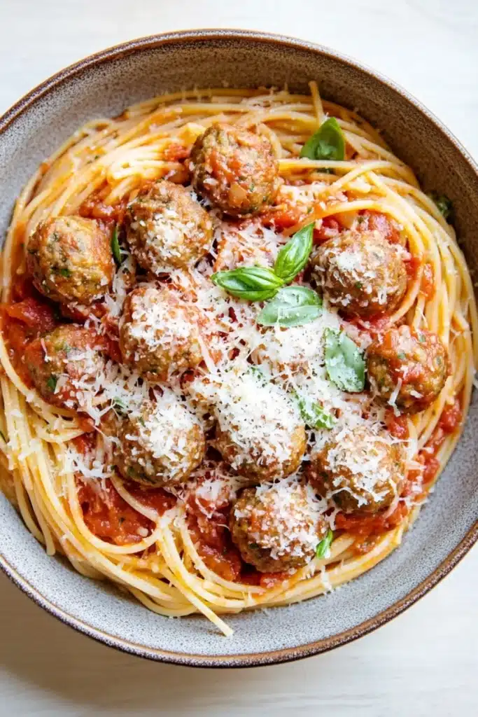 Make ahead pasta and meatballs - the image shows a bowl of spaghetti and meatballs. the spaghetti is cooked al dente and is covered in a red tomato sauce with chunks of meatballs scattered throughout. the meatballs are golden brown and appear to be seasoned with grated parmesan cheese. the dish is garnished with fresh basil leaves. the bowl is made of ceramic and is sitting on a white countertop.