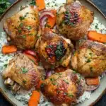 Marinated chicken thigh dinner - the image shows a plate of food with six pieces of chicken drumsticks on top of a bed of white rice. the drumsticks are golden brown and appear to be seasoned with herbs and spices. the rice is fluffy and white, and there are small pieces of orange and red bell peppers scattered throughout the dish. the dish is garnished with chopped parsley. the plate is sitting on a dark grey countertop with a sprig of parsley on the side.