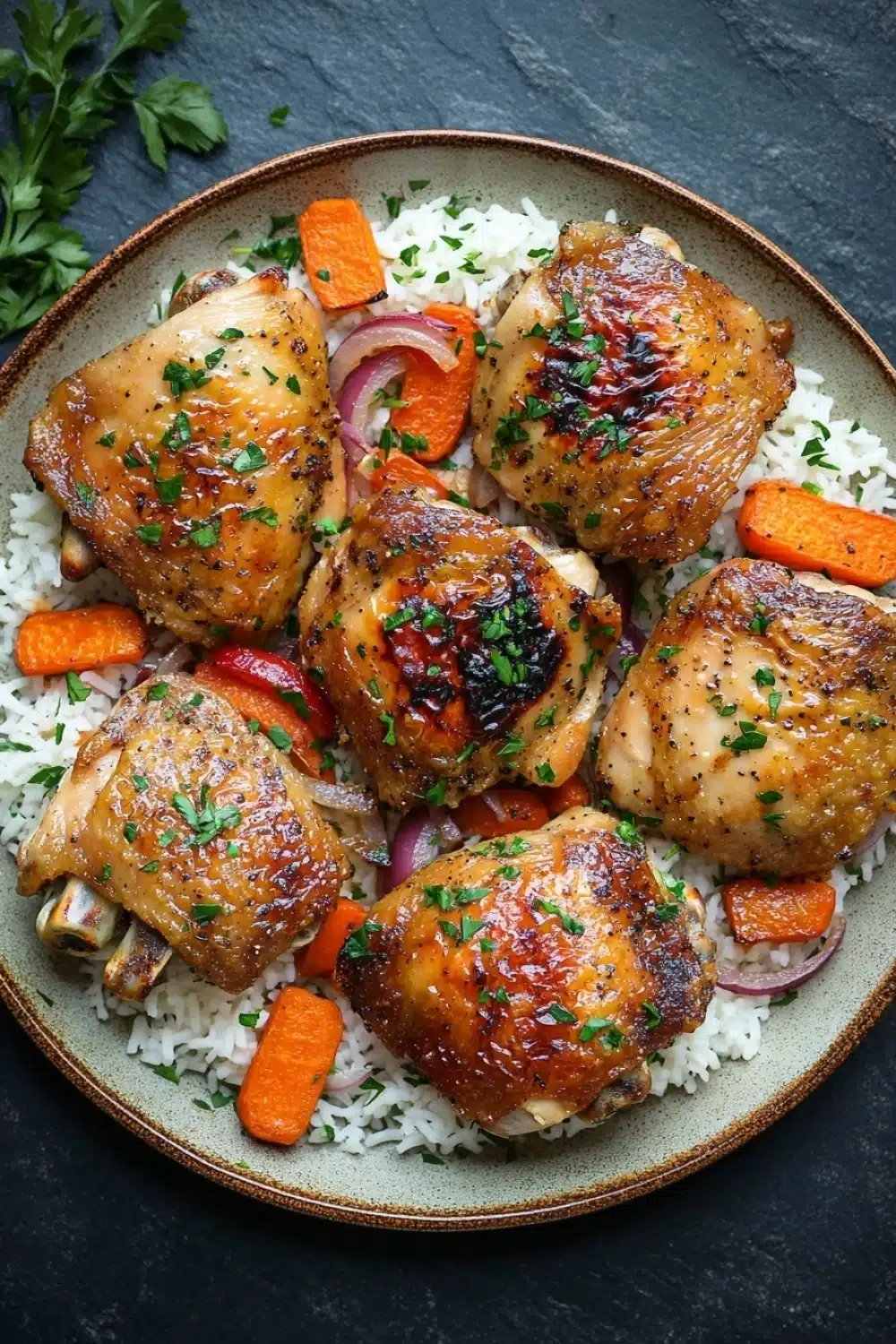 Marinated chicken thigh dinner - the image shows a plate of food with six pieces of chicken drumsticks on top of a bed of white rice. the drumsticks are golden brown and appear to be seasoned with herbs and spices. the rice is fluffy and white, and there are small pieces of orange and red bell peppers scattered throughout the dish. the dish is garnished with chopped parsley. the plate is sitting on a dark grey countertop with a sprig of parsley on the side.