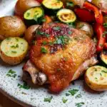 Marinated chicken thigh dinner - the image shows a plate of food with a whole chicken on it. the chicken is golden brown and appears to be seasoned with herbs and spices. it is surrounded by roasted vegetables, including zucchini, red bell peppers, and yellow squash. the vegetables are arranged in a circular pattern on the plate, with some of them overlapping each other. the plate is white with a speckled pattern and is sitting on a wooden table.