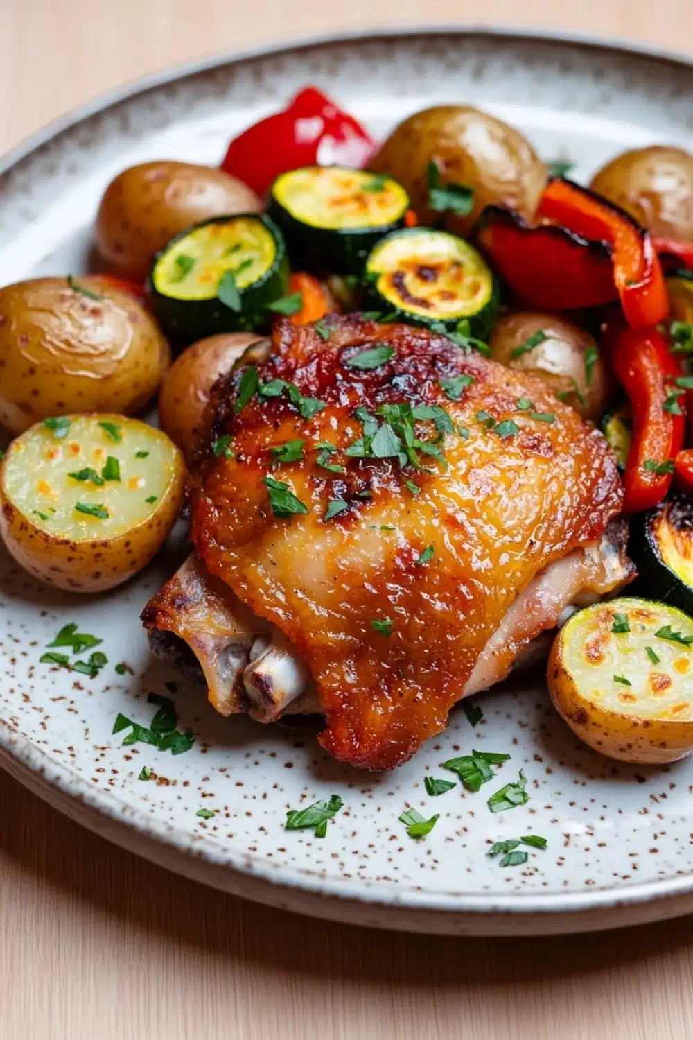 Marinated chicken thigh dinner - the image shows a plate of food with a whole chicken on it. the chicken is golden brown and appears to be seasoned with herbs and spices. it is surrounded by roasted vegetables, including zucchini, red bell peppers, and yellow squash. the vegetables are arranged in a circular pattern on the plate, with some of them overlapping each other. the plate is white with a speckled pattern and is sitting on a wooden table.