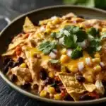 Maxis kitchen creamy chicken enchilada skillet - the image is a close-up of a bowl of nachos. the bowl is made of metal and is placed on a dark grey countertop. the nacho is made up of shredded chicken, corn kernels, black beans, red onions, and cilantro. the chicken is cooked to a golden brown color and appears to be seasoned with herbs and spices. there are also a few tortilla chips scattered around the bowl. in the background, there is a sprig of fresh cilantro and a small bowl of sauce. the overall color palette of the image is warm and inviting.