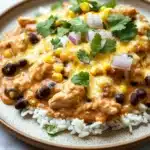 Maxis kitchen creamy chicken enchilada skillet - the image is a close-up of a plate of food. the plate is round and has a light brown color. on top of the plate, there is a serving of rice with chunks of chicken, corn, and black beans mixed in. the chicken is covered in a creamy orange sauce and is garnished with chopped cilantro and red onions. the rice is white and fluffy. the dish appears to be freshly cooked and ready to eat.