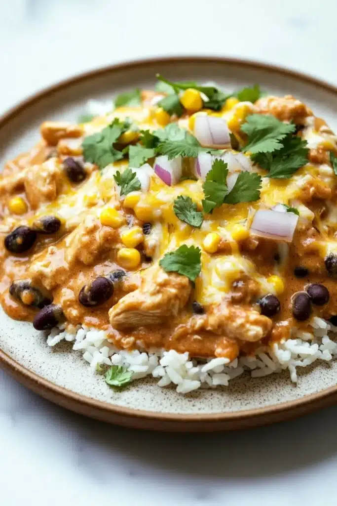 Maxis kitchen creamy chicken enchilada skillet - the image is a close-up of a plate of food. the plate is round and has a light brown color. on top of the plate, there is a serving of rice with chunks of chicken, corn, and black beans mixed in. the chicken is covered in a creamy orange sauce and is garnished with chopped cilantro and red onions. the rice is white and fluffy. the dish appears to be freshly cooked and ready to eat.