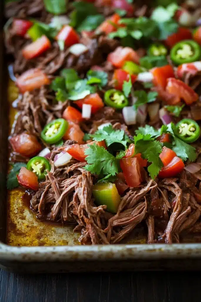 Mexican slow cooker beef roast - the image shows a rectangular baking tray filled with shredded beef and vegetables. the beef appears to be cooked medium-rare and is covered in a thick layer of melted cheese. the vegetables include diced tomatoes, red onions, and green jalapeno peppers. there are also some cilantro leaves scattered throughout the dish. the tray is sitting on a wooden table.