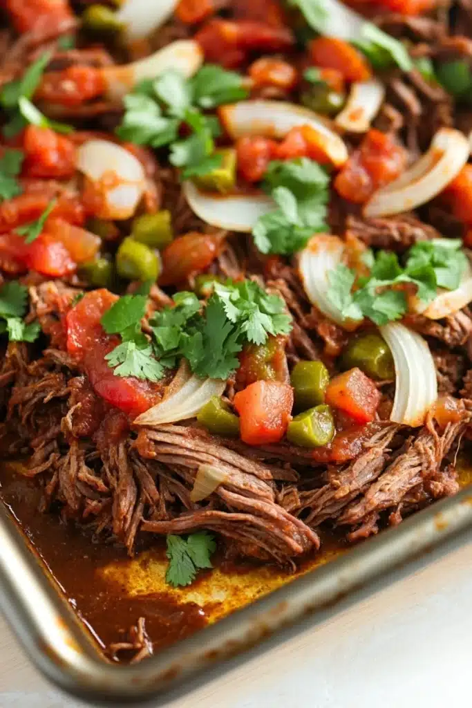 Mexican slow cooker beef roast - the image shows a close-up of a dish in a metal baking dish. the dish appears to be a mexican-style dish with shredded beef, diced tomatoes, onions, and green bell peppers. the beef is cooked medium-rare and is covered in a dark brown sauce. the tomatoes are bright red and appear to be seasoned with herbs and spices. the onions are sliced and are arranged in a pile on top of the beef. there are also a few sprigs of cilantro scattered throughout the dish, adding a pop of green color. the overall appearance is fresh and appetizing.