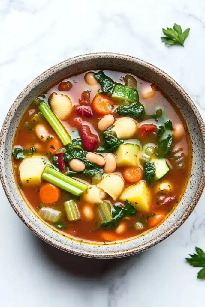 Minestrone soup italian - the image is a close-up of a bowl of soup on a white marble countertop. the soup appears to be a vegetable soup with chunks of white beans, carrots, celery, and other vegetables mixed in. the bowl is made of ceramic and has a brown rim. there are a few sprigs of parsley scattered around the bowl, adding a pop of green color to the dish. the background is blurred, making the bowl the focal point of the image.