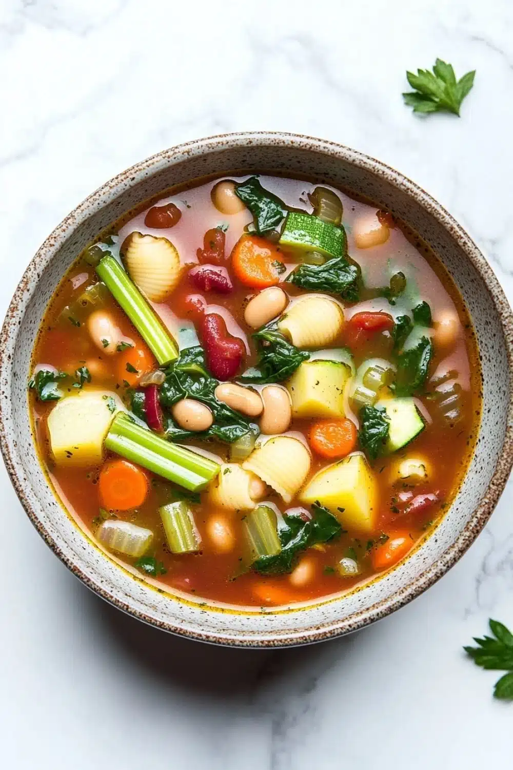 Minestrone soup italian - the image is a close-up of a bowl of soup on a white marble countertop. the soup appears to be a vegetable soup with chunks of white beans, carrots, celery, and other vegetables mixed in. the bowl is made of ceramic and has a brown rim. there are a few sprigs of parsley scattered around the bowl, adding a pop of green color to the dish. the background is blurred, making the bowl the focal point of the image.